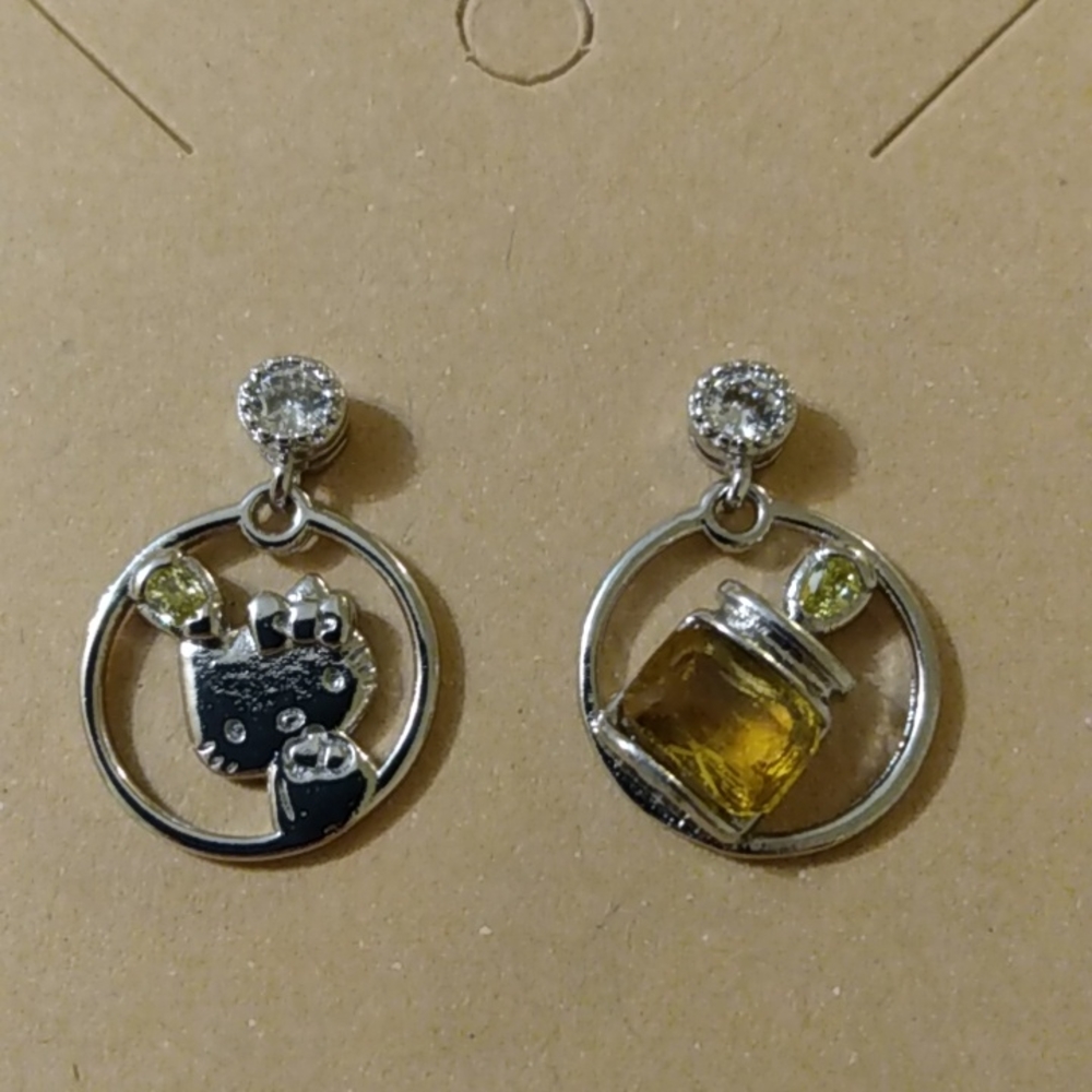 Hello Kitty Dangling Dangle Silver Earrings Sparkly